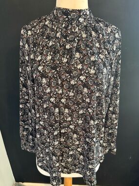 LOFT Black Floral High-Neck Long-Sleeve Blouse